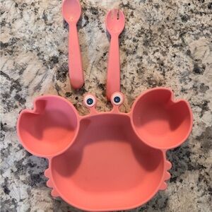 3/$15 Pink Crab-Shaped Silicone Suction Toddler Plate with Spoon & Fork